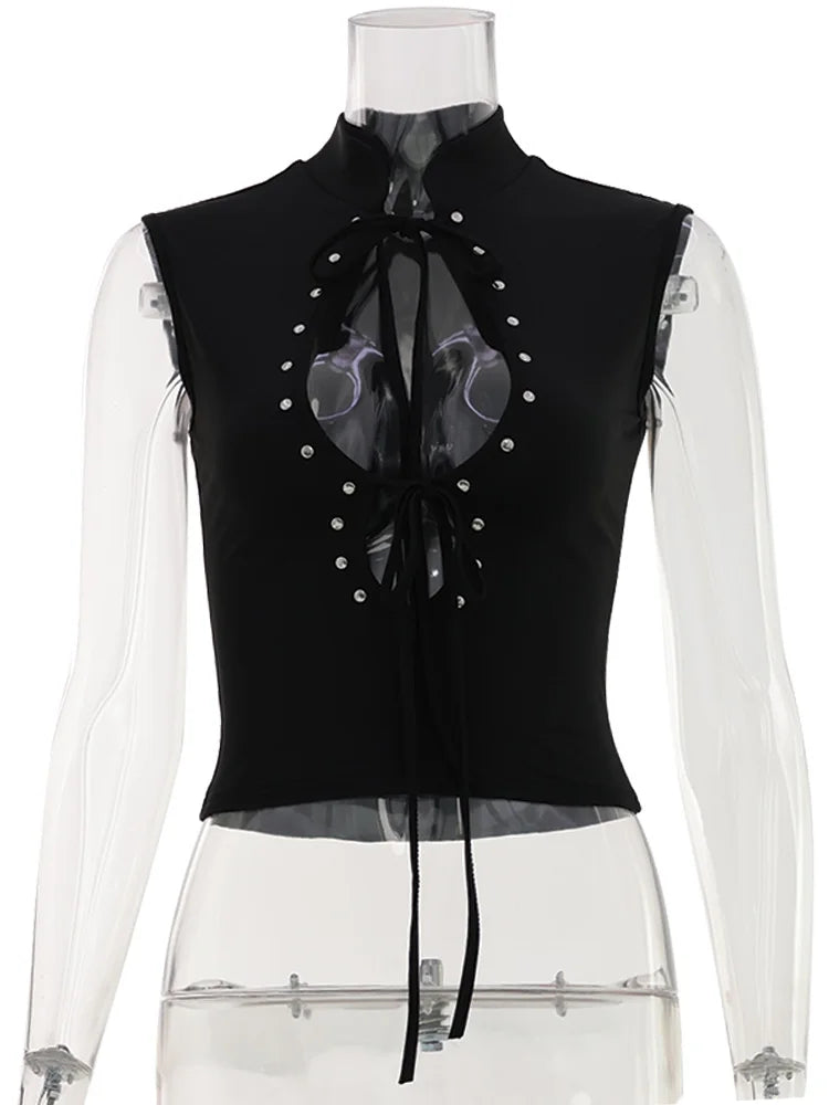 Huhugirl Fashion 2026 New T-Shirts Tees Tops Hollow Out Solid Slim Sleeveless Half High Collar Party Dark Club Street Style Chic