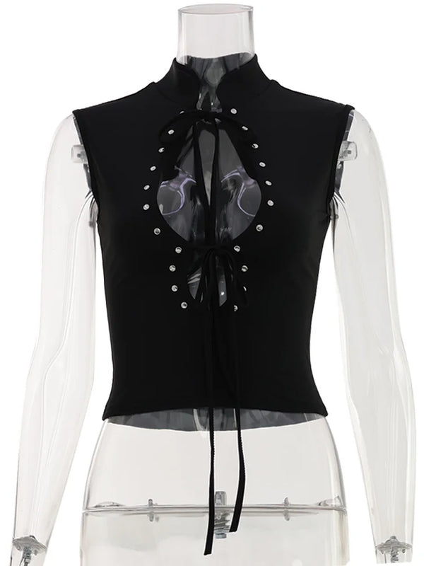 Huhugirl Fashion 2026 New T-Shirts Tees Tops Hollow Out Solid Slim Sleeveless Half High Collar Party Dark Club Street Style Chic