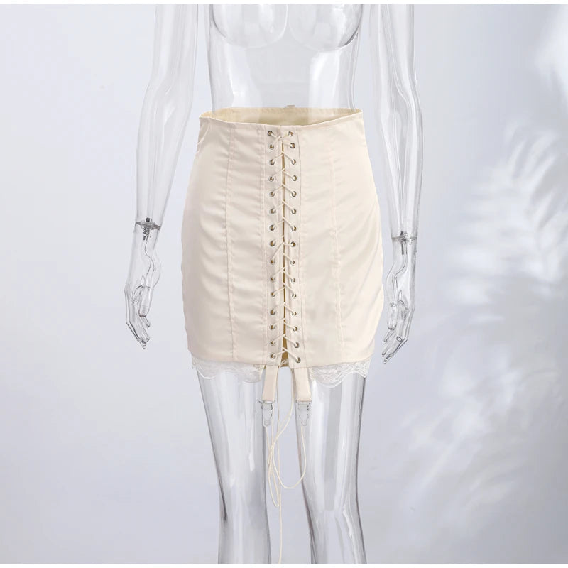Ghislaine Satin Lace-Up Corset Mini Skirt with Lace Trim One-piece