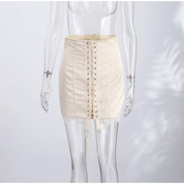 Ghislaine Satin Lace-Up Corset Mini Skirt with Lace Trim One-piece