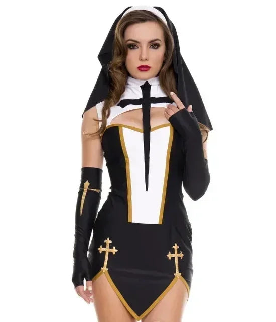 Benedetta Nun Cosplay Costume Set with Headpiece, Gloves & Stockings