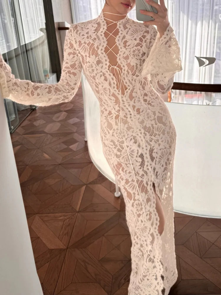 Vivienne Lace-Up Sheer Split Maxi Dress