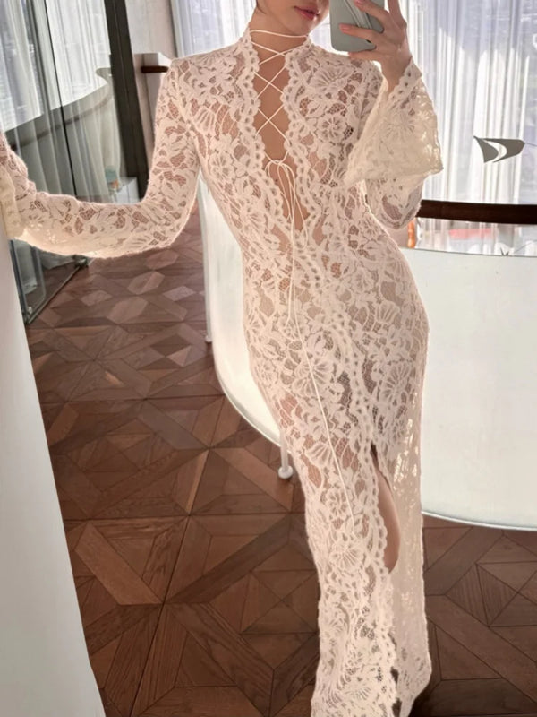 Vivienne Lace-Up Sheer Split Maxi Dress