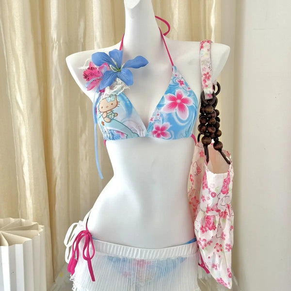 Kawaii Japanese Hello Kittys Hot Girl Split Strap Summer Women's Bikini Seaside Fashion Resort Swimsuit Leopard Print Cartoon
