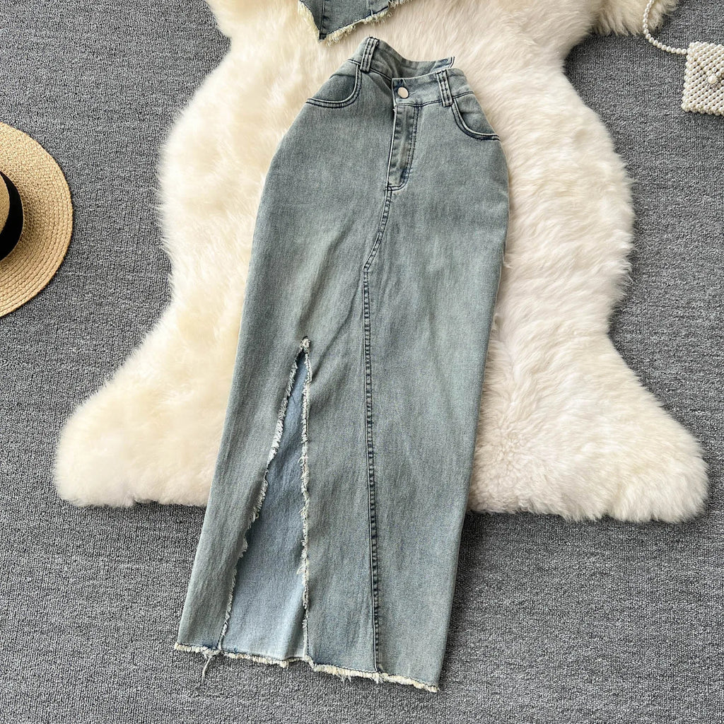 Jocelyn Ruched Denim Asymmetrical Midi Skirt Set Two-piece