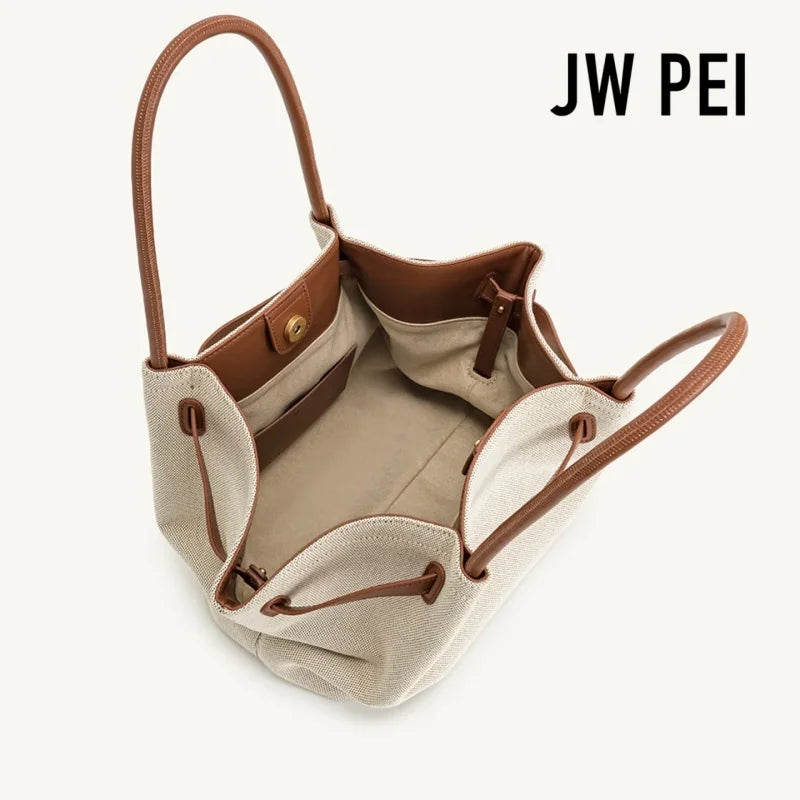 JW PEI Hana Canvas Stitching Tote Bag For Women Luxury Vegan Leather Shoulder Hangbag Summer Casual Slouchy Hobo Work Bag