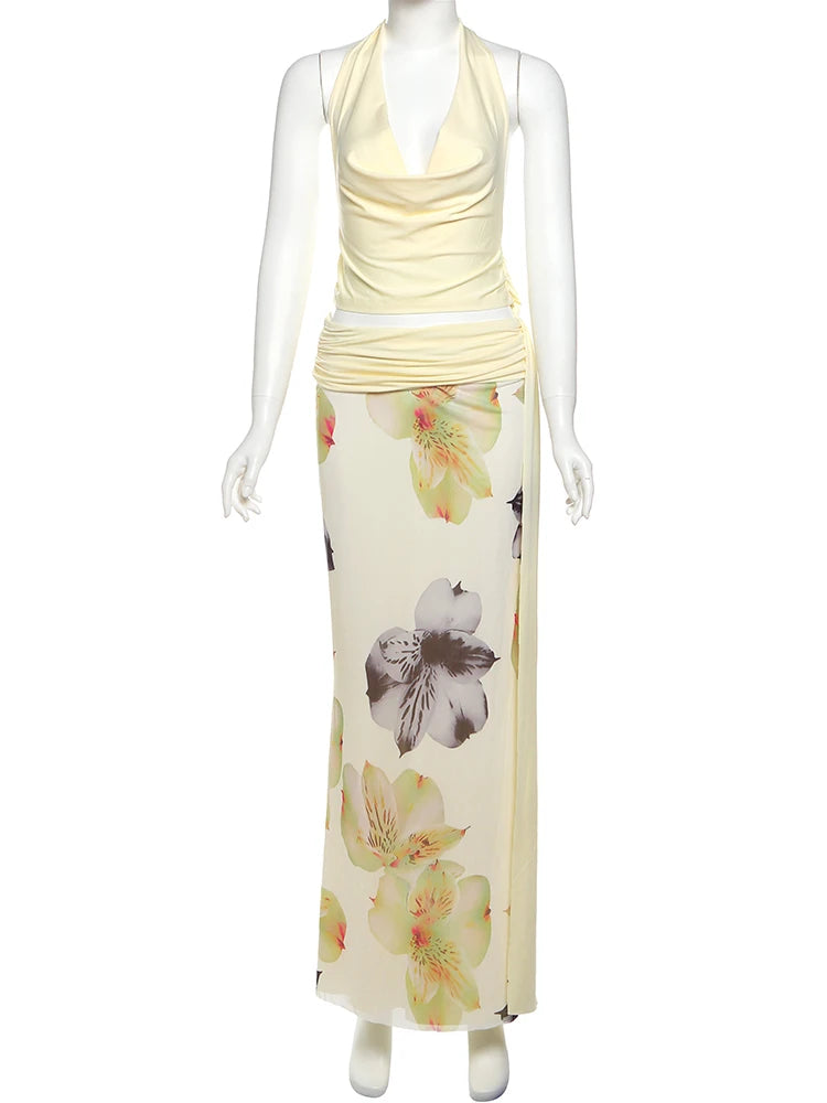 Undine Lace Ruched Halter Maxi Skirt One-piece