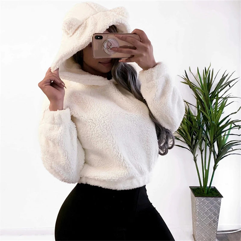 Bryony Fluffy Bear-Ears Cropped Hoodie One-piece