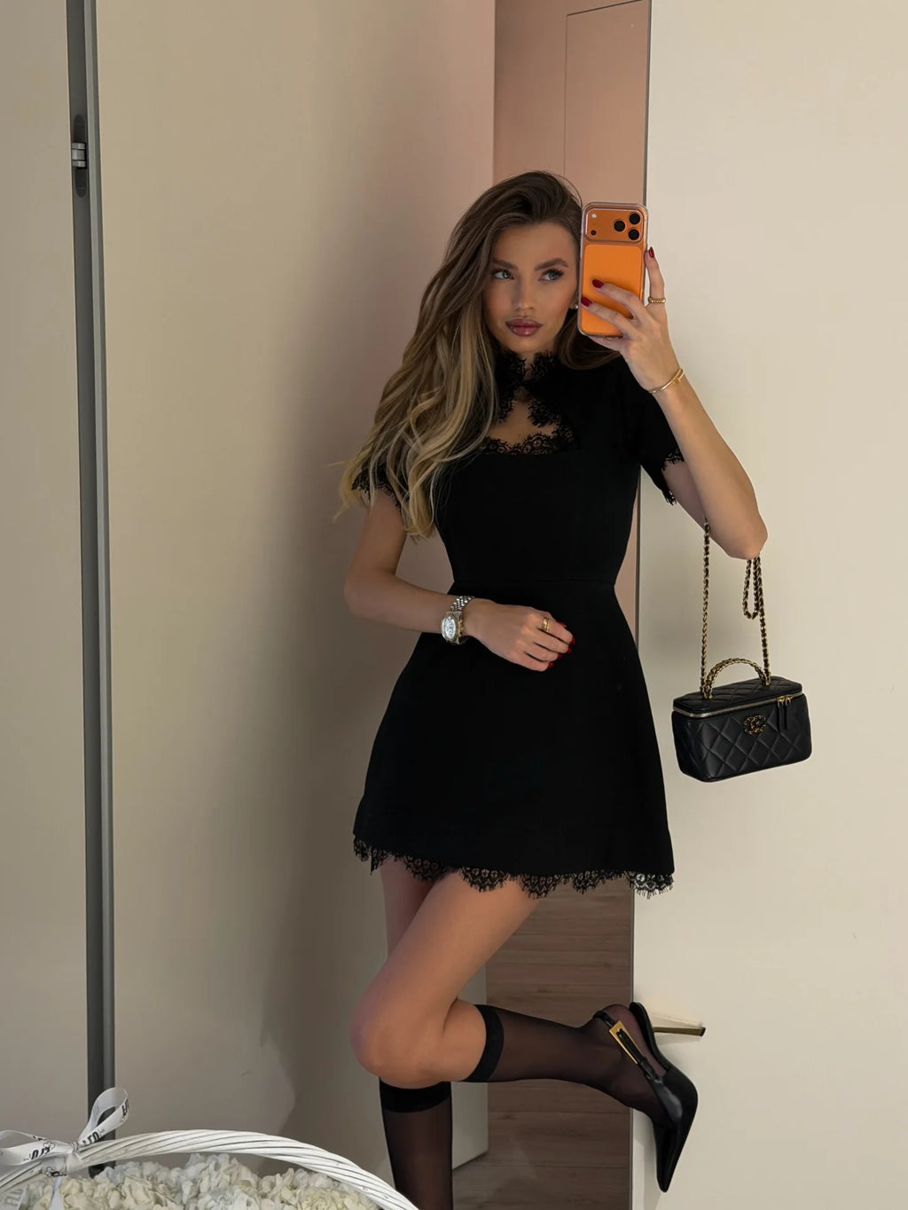 Nadine Lace-Paneled Stand-Collar Mini Dress