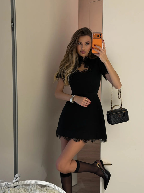 Nadine Lace-Paneled Stand-Collar Mini Dress