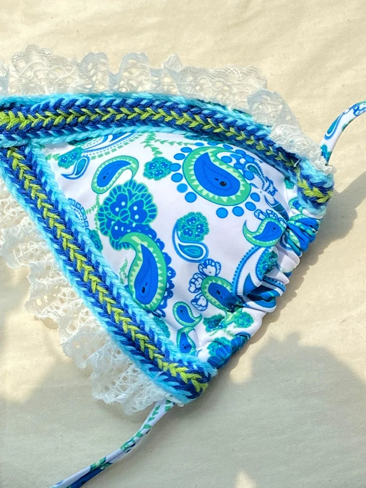 ZRTAK Sexy Swimwear Women Bikini String Swimming Suit For Women Bathing Suit Micro Folds Hight Cut Lace Halter Bikinis Set