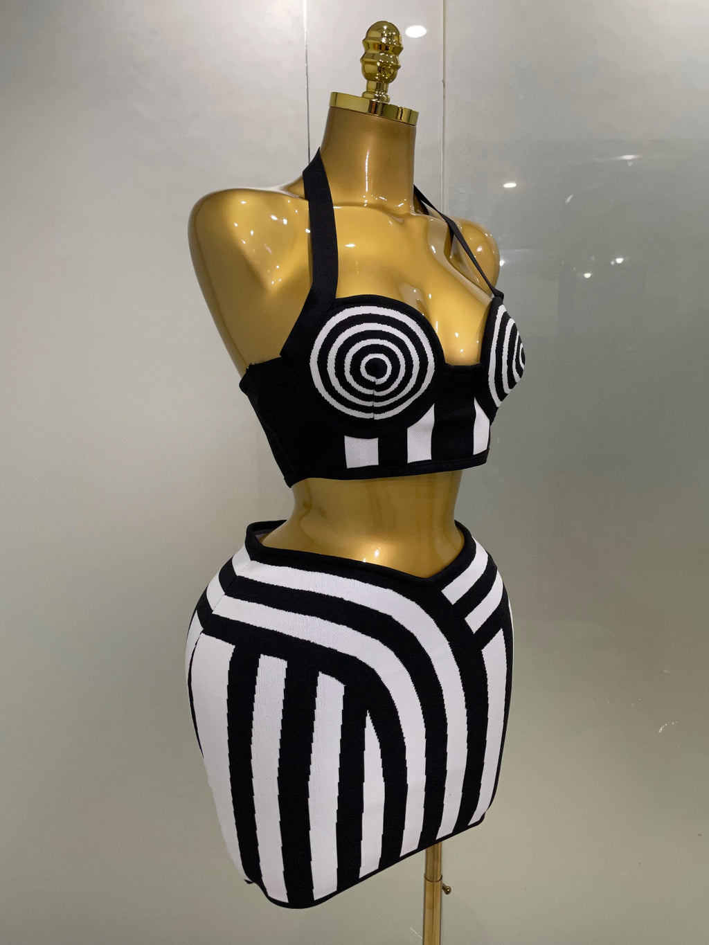 Dagmar Striped Jacquard Bandage Halter Crop Top & Bodycon Mini Skirt Two-piece