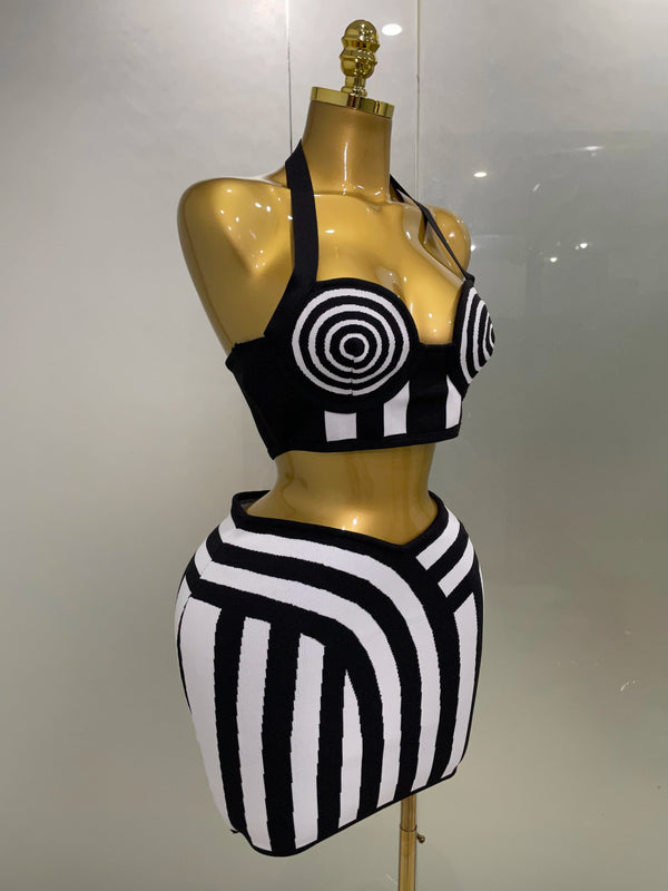 Dagmar Striped Jacquard Bandage Halter Crop Top & Bodycon Mini Skirt Two-piece