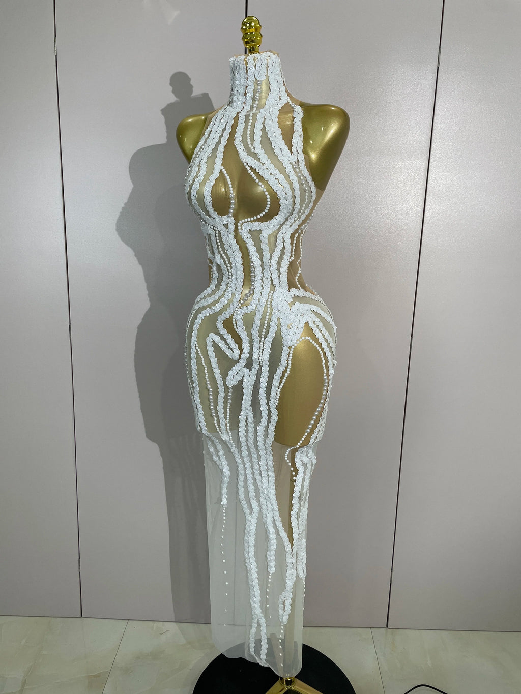 Opaline Pearl-Sequin Sheer Mesh Maxi Dress
