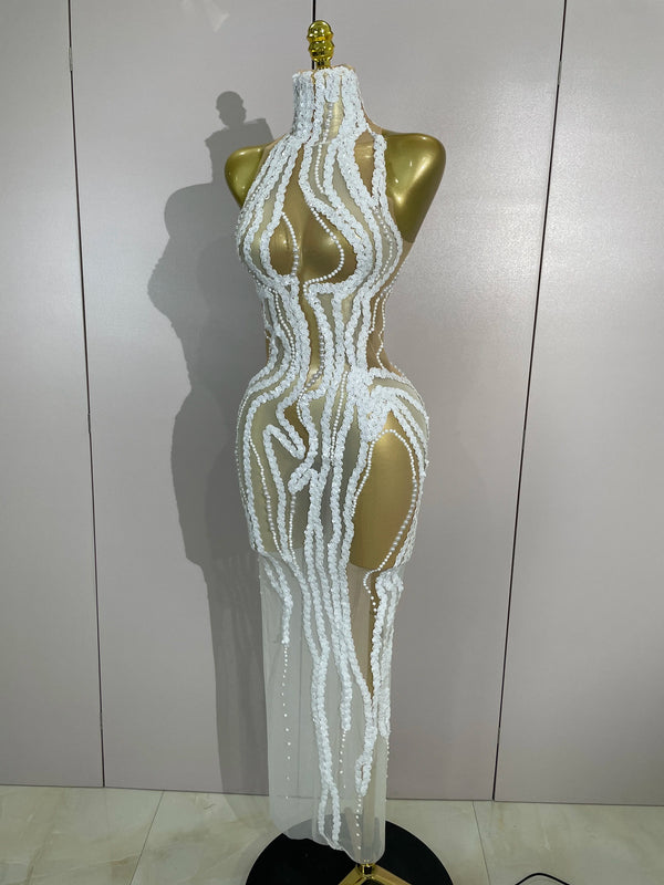 Opaline Pearl-Sequin Sheer Mesh Maxi Dress