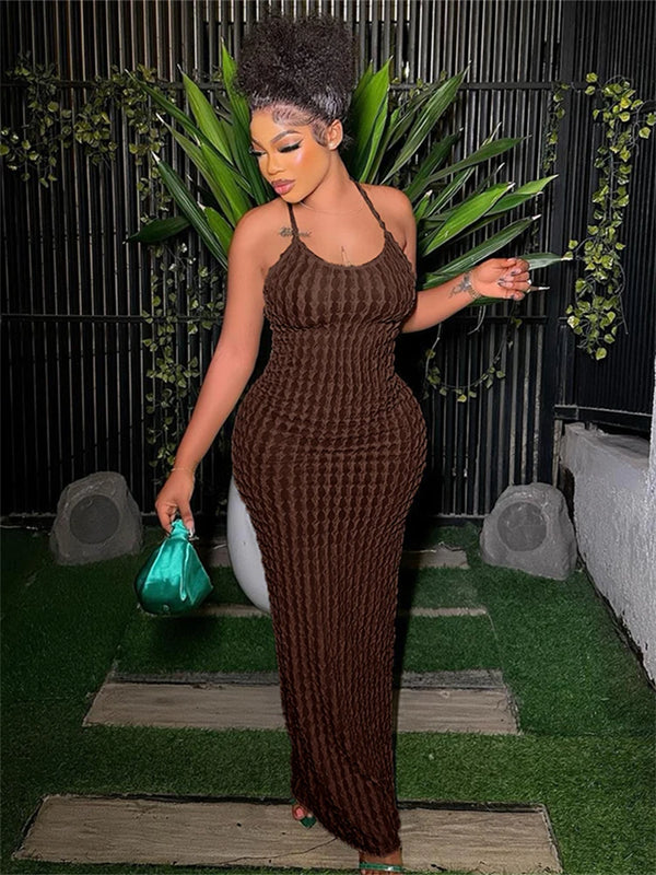 Magdalena Textured Halter Backless Bodycon Maxi Dress