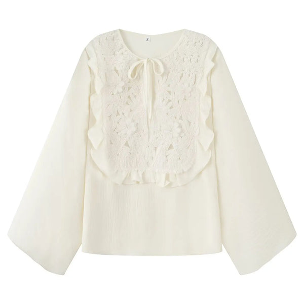 Evangelina Embroidered Lace Bell-Sleeve Tie-Neck Blouse & Mini Skirt Two-piece