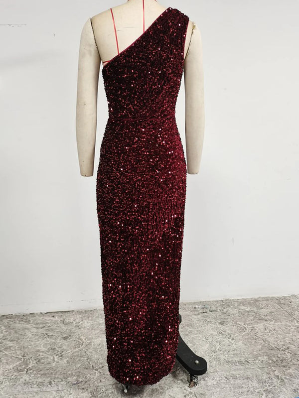 Yissang One Shoulder Wrap Split Thigh Sequin Formal Dress Medium Black Dress Wrap Hip Dress Party Dress Importan Occasion Dress