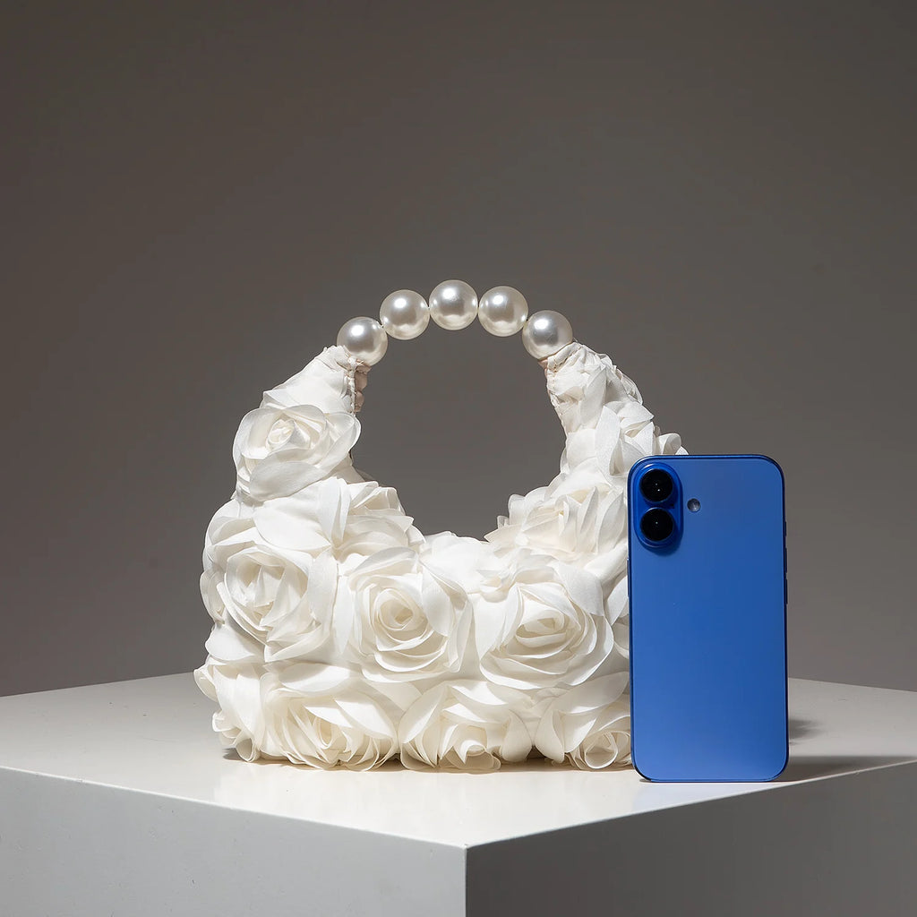 Rosalind Satin Rosette Pearl-Handle Half-Moon Evening Bag