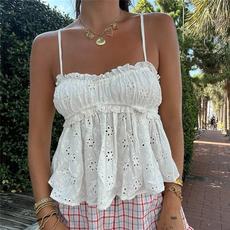 Ivory Eyelet Embroidery Ruffle Peplum Spaghetti Strap Cami Top
