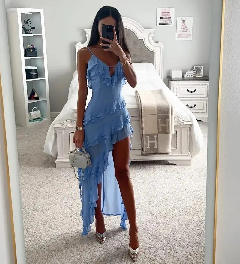 Skye Blue Ruffle Asymmetrical Midi Dress