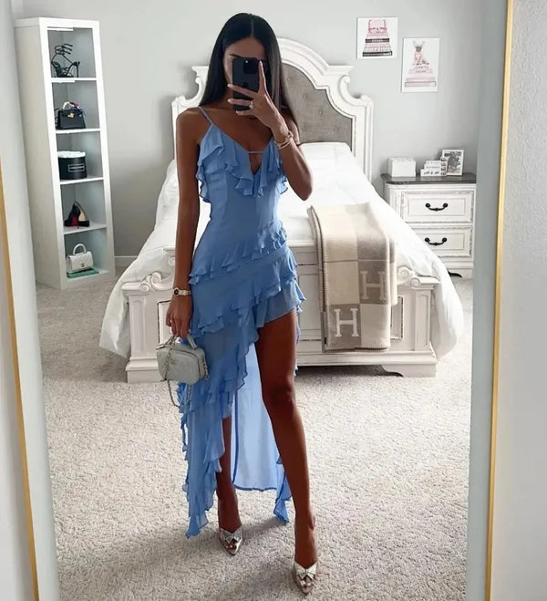 Skye Blue Ruffle Asymmetrical Midi Dress