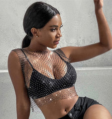 Leqoel Sexy Mesh Crop Tops for Women 2022 Summer Rhinestones Fashion Party See Through Fishnet Tank Hollow Out Backless Top New