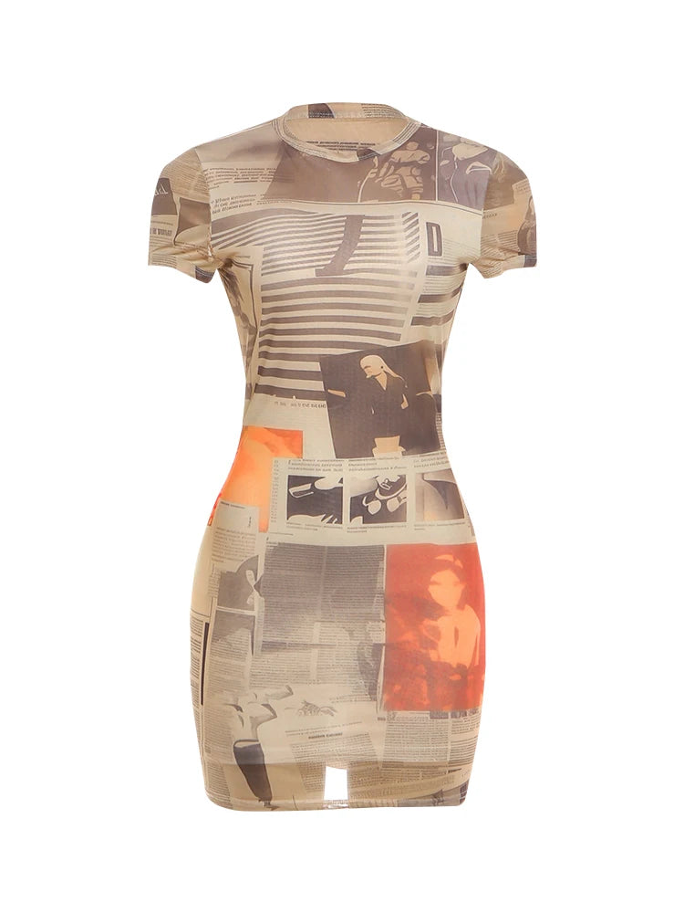 Kliou Newspaper Print Mini Dress Woman Summer Trend o-Neck Short Sleeve Skinny Peach Hip Hot Girls Street Fashion Style Bodycon