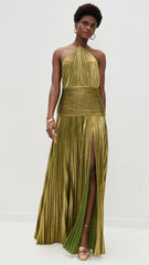 Alina Gold Pleated Halter Maxi Dress