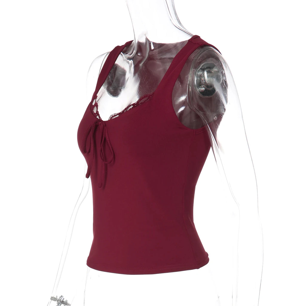 Dulzura Summer Fashion Sexy Square Collar Lace Up Ruffles Slim Vest Women'S Casual Versatile Y2K Top Party Street Style Clothes