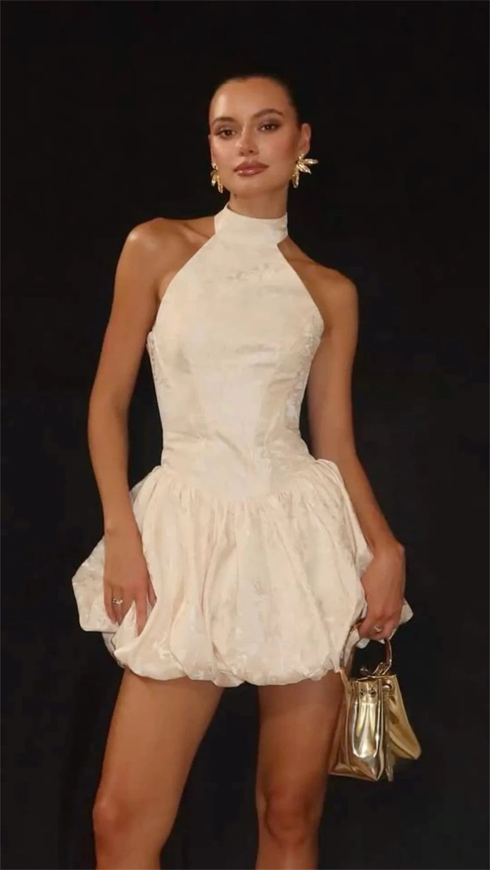 Liliana Floral Jacquard Halter Bubble-Hem Mini Dress Main image