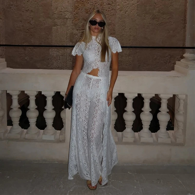 Fiora Sheer Floral-Lace Wide-Leg Pants Set Two-piece