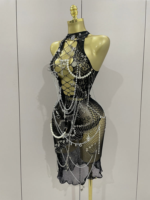 Dahlia Chain-Beaded Sheer Mesh Midi Dress