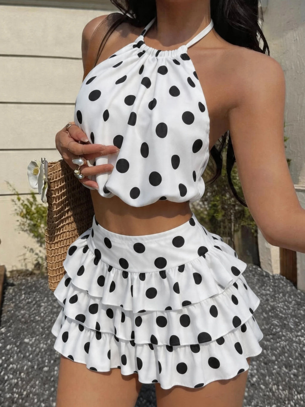 Aldith Polka-Dot Halter Backless Top & Tiered Cake Mini Skirt Two-piece