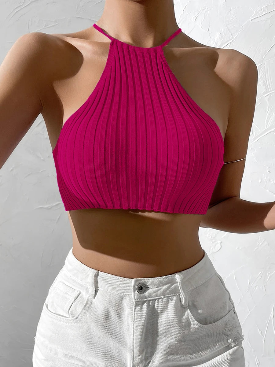 Womwen Summer Tie Backless Crop Halter Knit  Top Crossfit Y2K Crop Top Clothes Femme Sexy Casual Drawstring Cropped Beach Tank