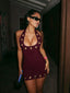 Kliou Sexy Backless Mini Dress Woman Metal Ring Hollow Decoration Halter U Collar Sleeveless Midnight Club Party Hipster Bodycon