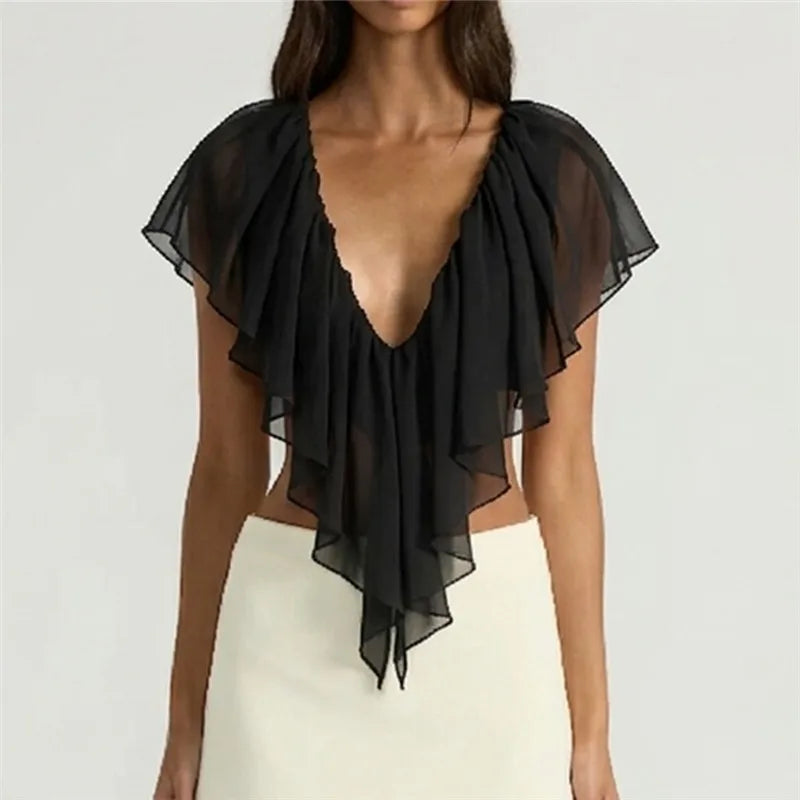 hirigin French Coquette Ruffle Blouse V Neck Open Back Flowy Short Sleeve Top with Tiered Layers Date Night Party Summer Outfits