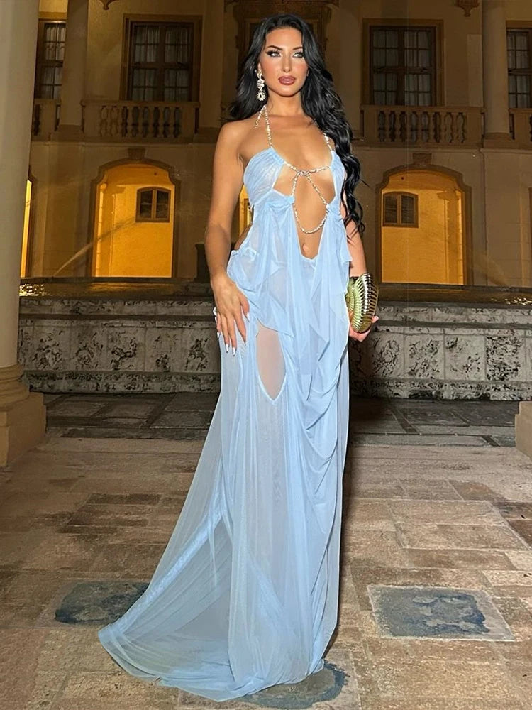 Kira Chain-Halter Mesh Maxi Dress