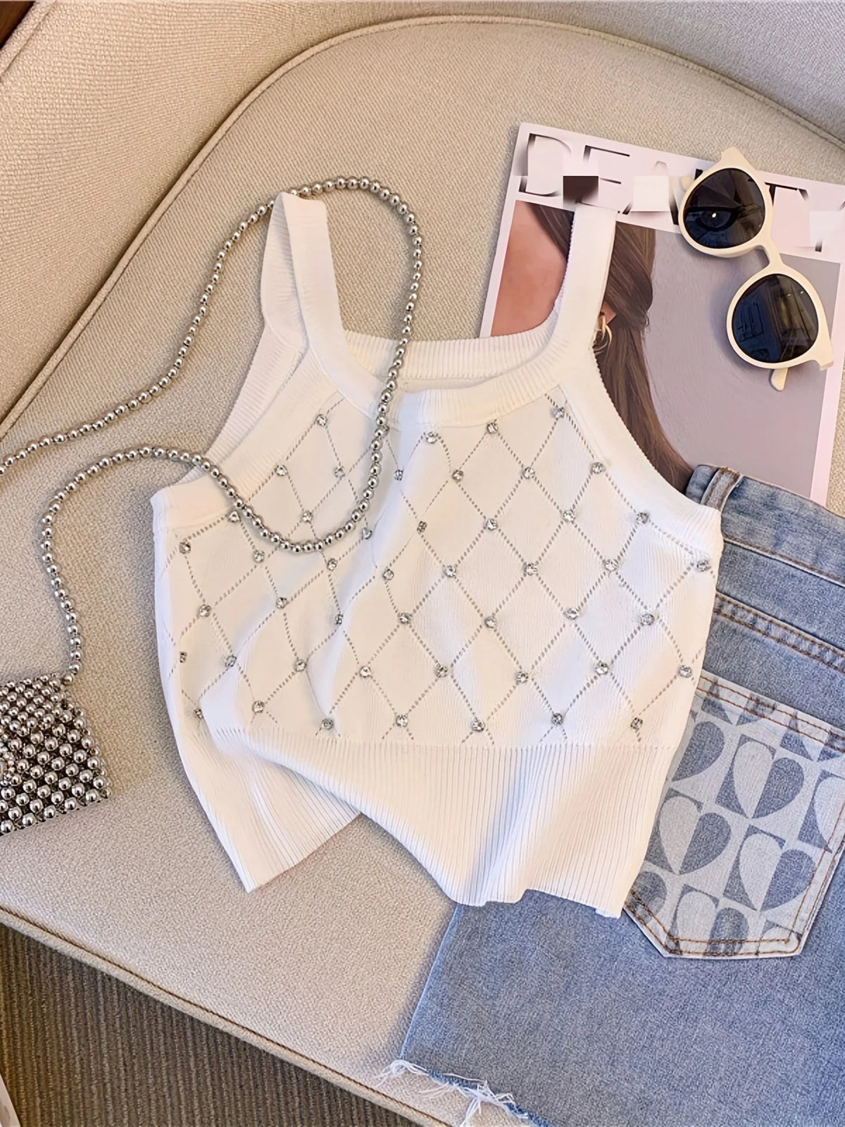 Aveline Rhinestone Eyelet Crop Tank Top One-piece Main image
