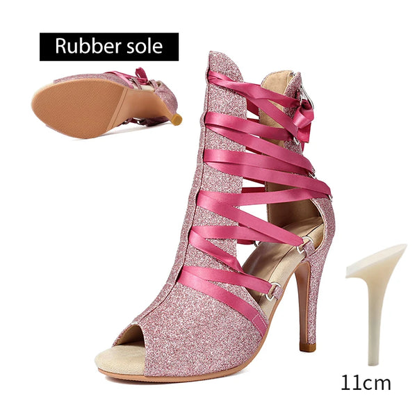 DKZSYIM Women Dance Boots Girls Ladies Jazz Dancing Shoes Thin Heels Glitter Shining Latin Indoor Party Dance Shoes Personalized