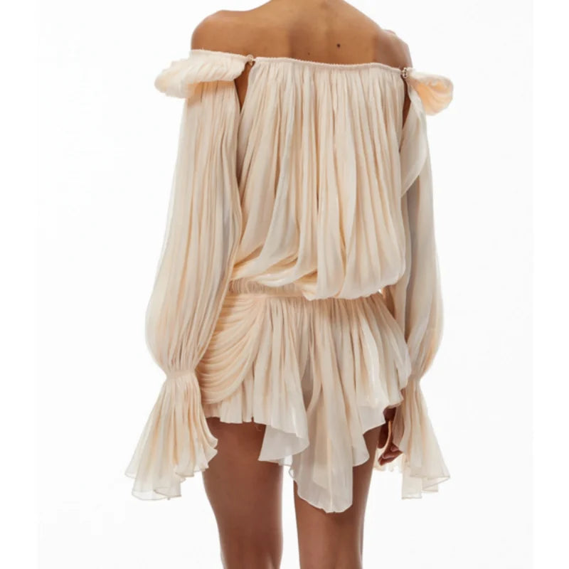 Camellia Satin Puff-Sleeve Pleated Mini Dress