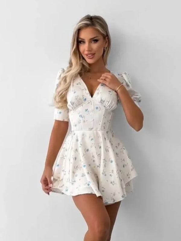 Fleur Printed Satin Puff-Sleeve Mini Dress