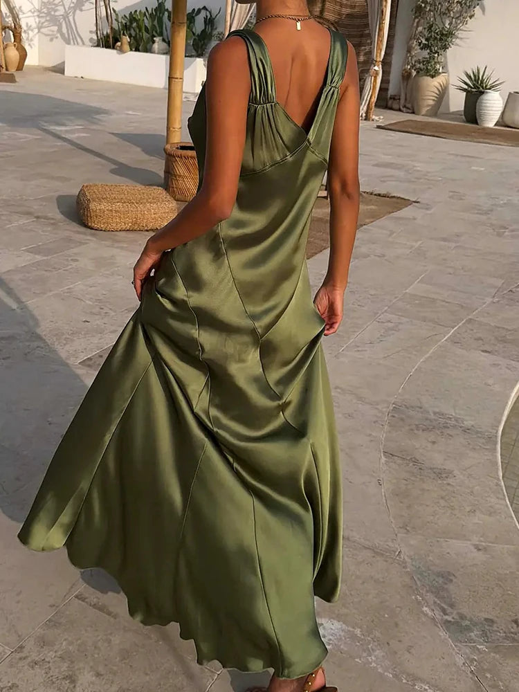 Solenne Satin V-Neck Backless Slit Maxi Dress