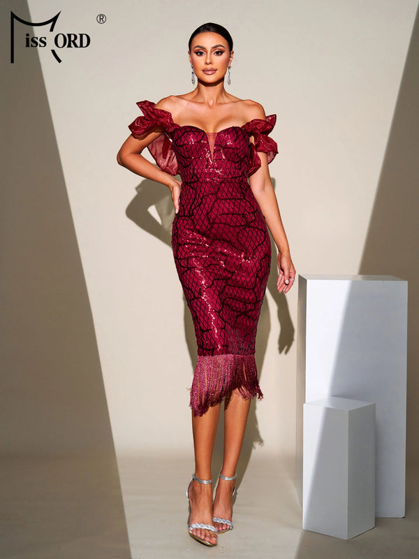 Elara Sequin Fringe Off-Shoulder Midi Dress