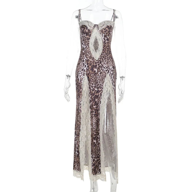 Vionette Leopard Lace-Trim Cutout Maxi Dress