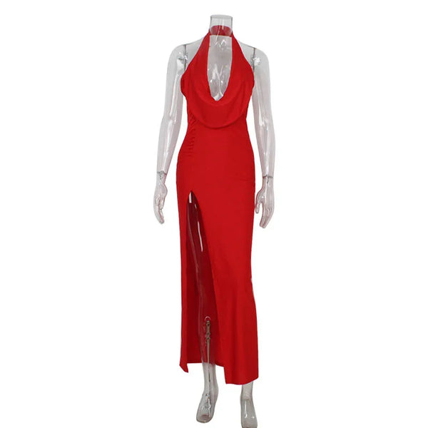 Valeria Cowl-Neck High-Slit Backless Maxi Dress