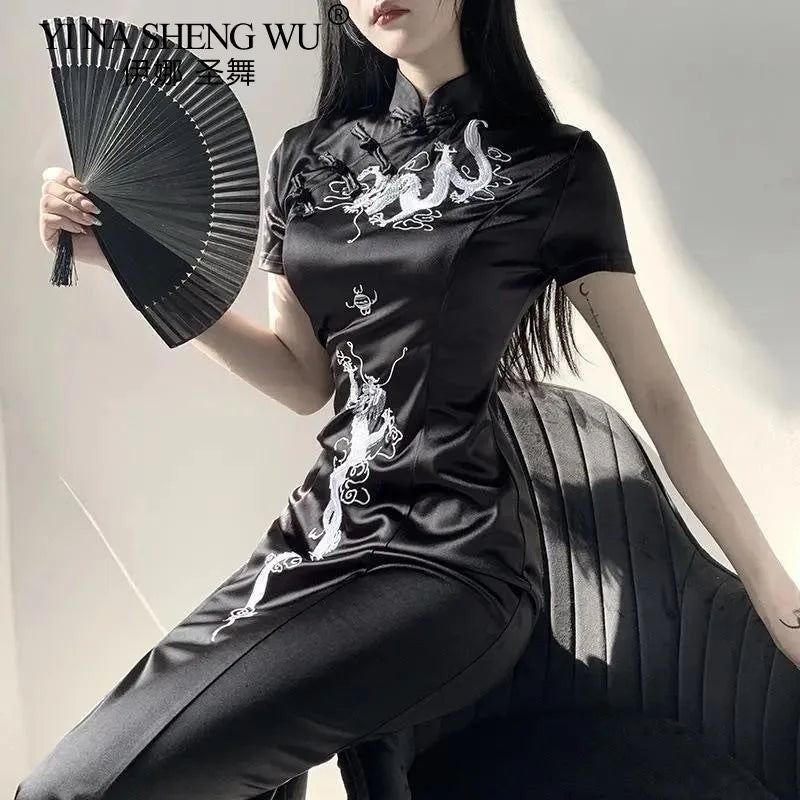 Ravenna Gothic Dragon Embroidered Qipao Maxi Dress