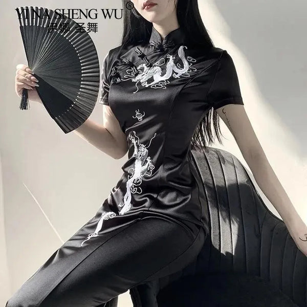 Ravenna Gothic Dragon Embroidered Qipao Maxi Dress