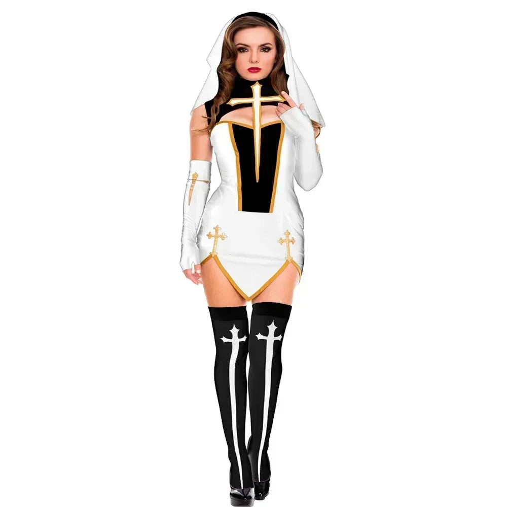 Benedetta Nun Cosplay Costume Set with Headpiece, Gloves & Stockings