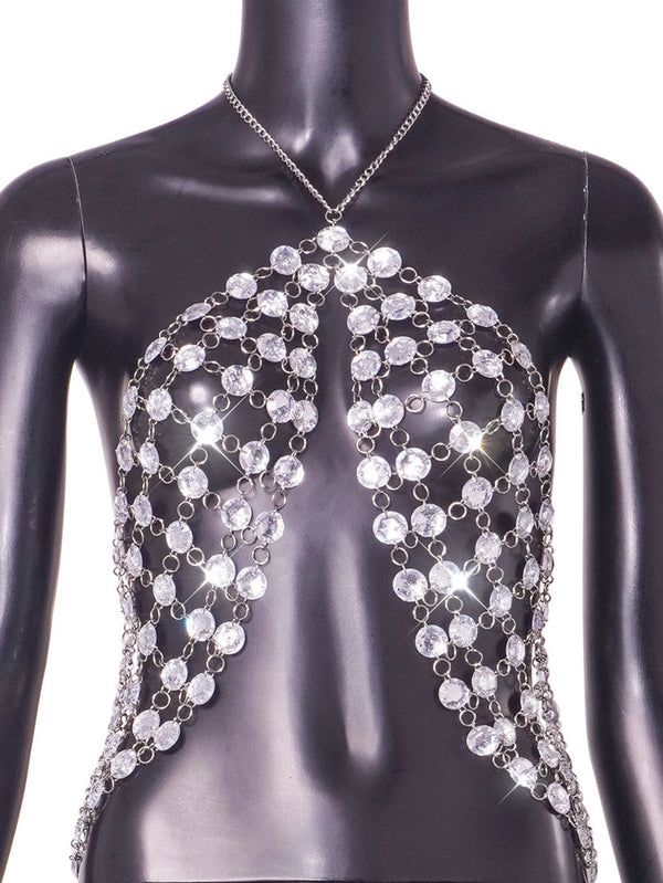 Ondine Silver Rhinestone Chain Corset Crop Top
